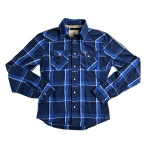 Hollister Mens Small Pearl Snap Plaid Western Cowboy Shirt Blue Vintage Y2K